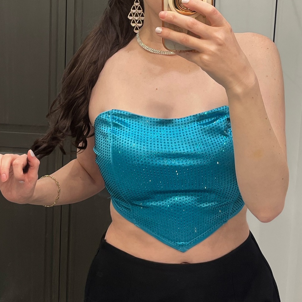 Fashion Nova Teal rhinestone Crop Top Y2K
